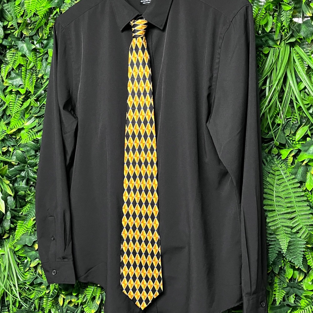 VTG Christian LeCravatte Tie Men Italy Silk Gold Black Diamond‎ Geometric 3133